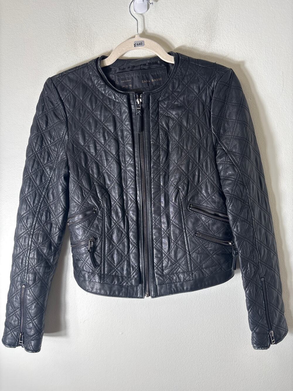 Zara Basics Black Quilted Leather Long Sleeve Cropped JAcket Sz M
